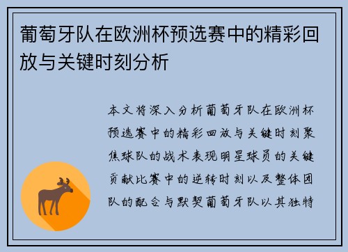 葡萄牙队在欧洲杯预选赛中的精彩回放与关键时刻分析